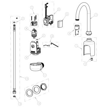 Chicago 116.204.AB.1 Hytronic Wall-Mount Gooseneck Sensor Faucet Parts Breakdown